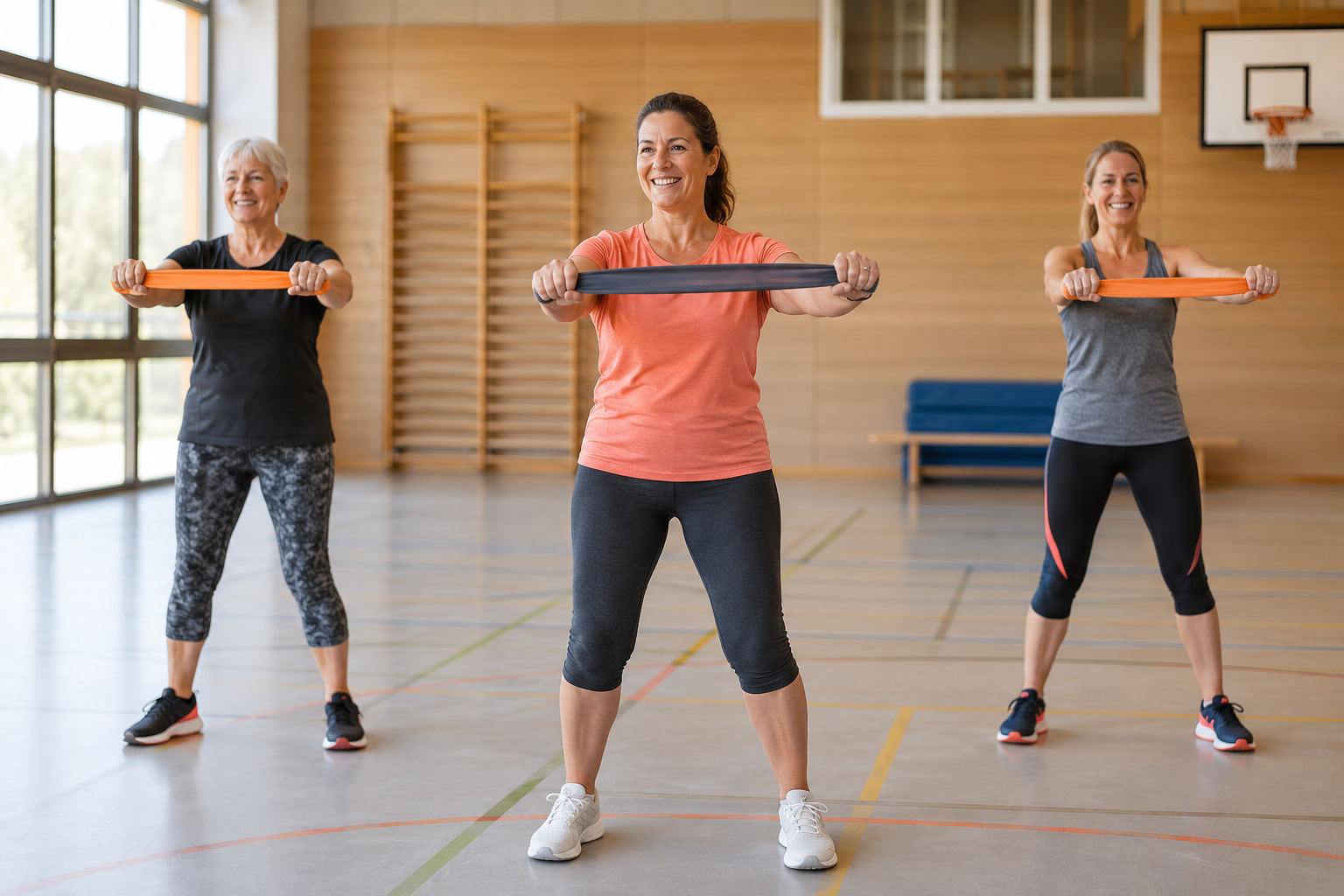 Illustration: Frauen verschiedener Altersgruppen beim Gymnastiktraining mit Bändern